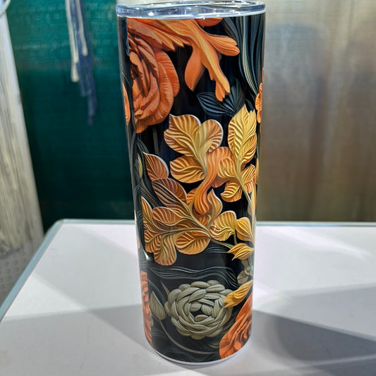 Autumn (Fall) 3D Look Flowers Green Orange 20 oz Stainless Steel Tumbler