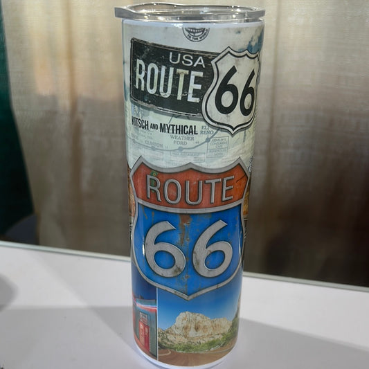 US Route 66 Blue Road Sign 20 oz Stainless Steel Tumbler