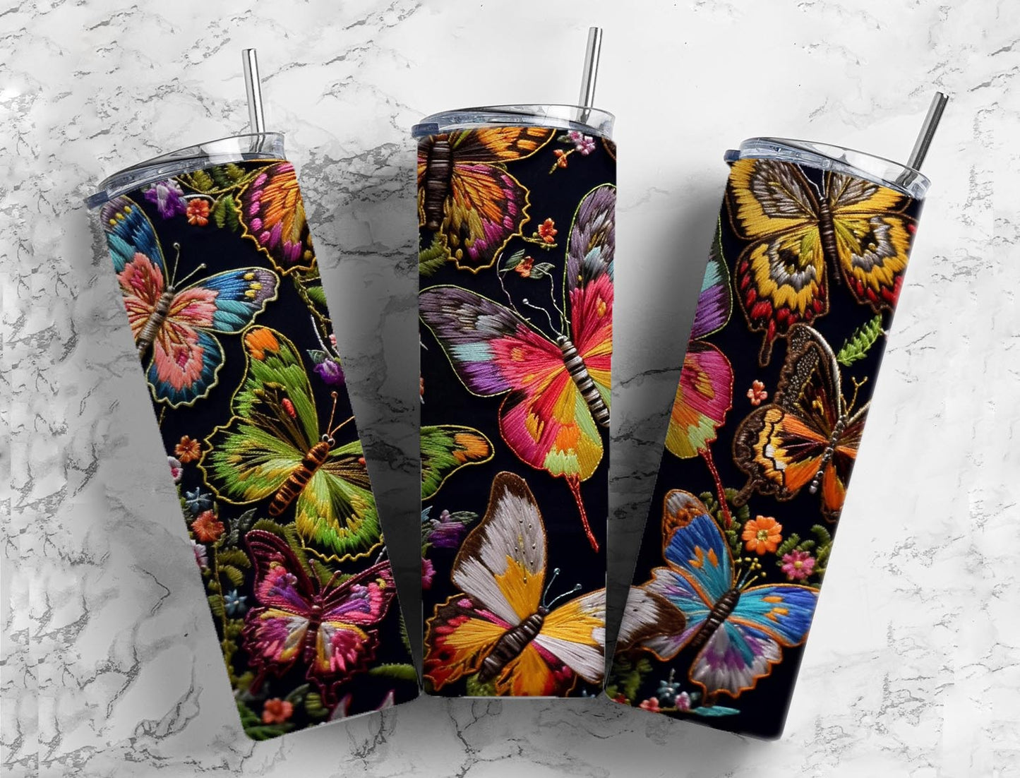 Embroidery Look Butterfly 20 oz Stainless Steel Tumbler