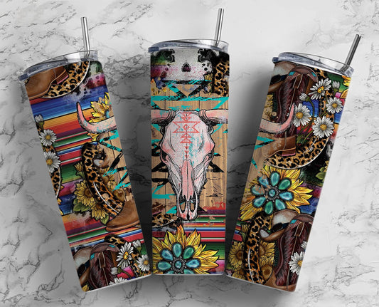 Southwest Bull with Sunflowers and Gems 20 oz Stainless Steel Tumbler