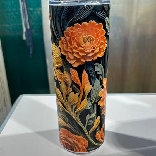 Autumn (Fall) 3D Look Flowers Green Orange 20 oz Stainless Steel Tumbler