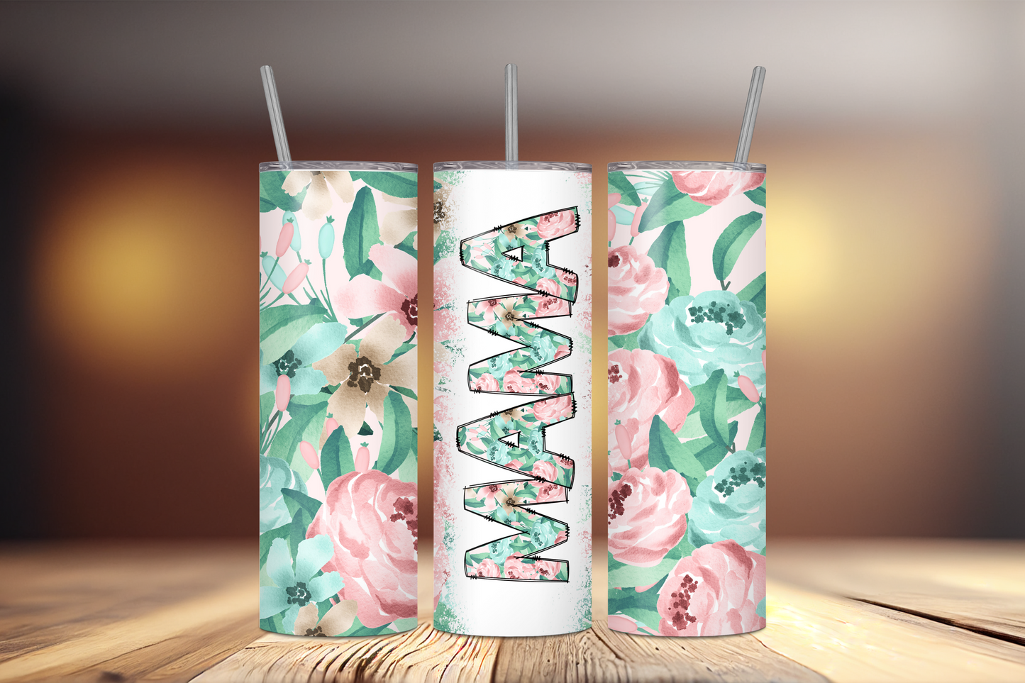 MAMA Pink and Green Floral 20 oz Stainless Steel Tumbler