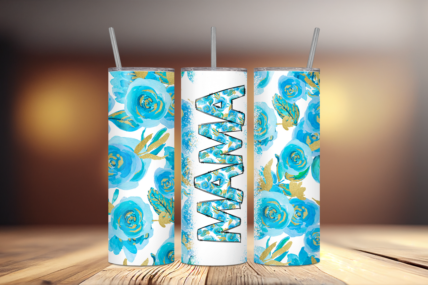 MAMA Blue Floral 20 oz Stainless Steel Tumbler