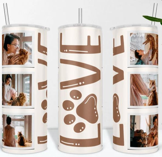 LOVE (Brown) Paw Print Custom Photo Tumbler - Add Your Own Photos!